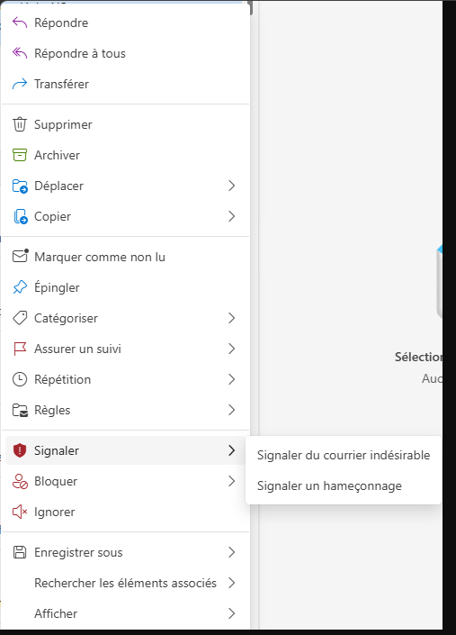 Menu Outlook permettant de signaler un courrier indésirable ou un hameçonnage